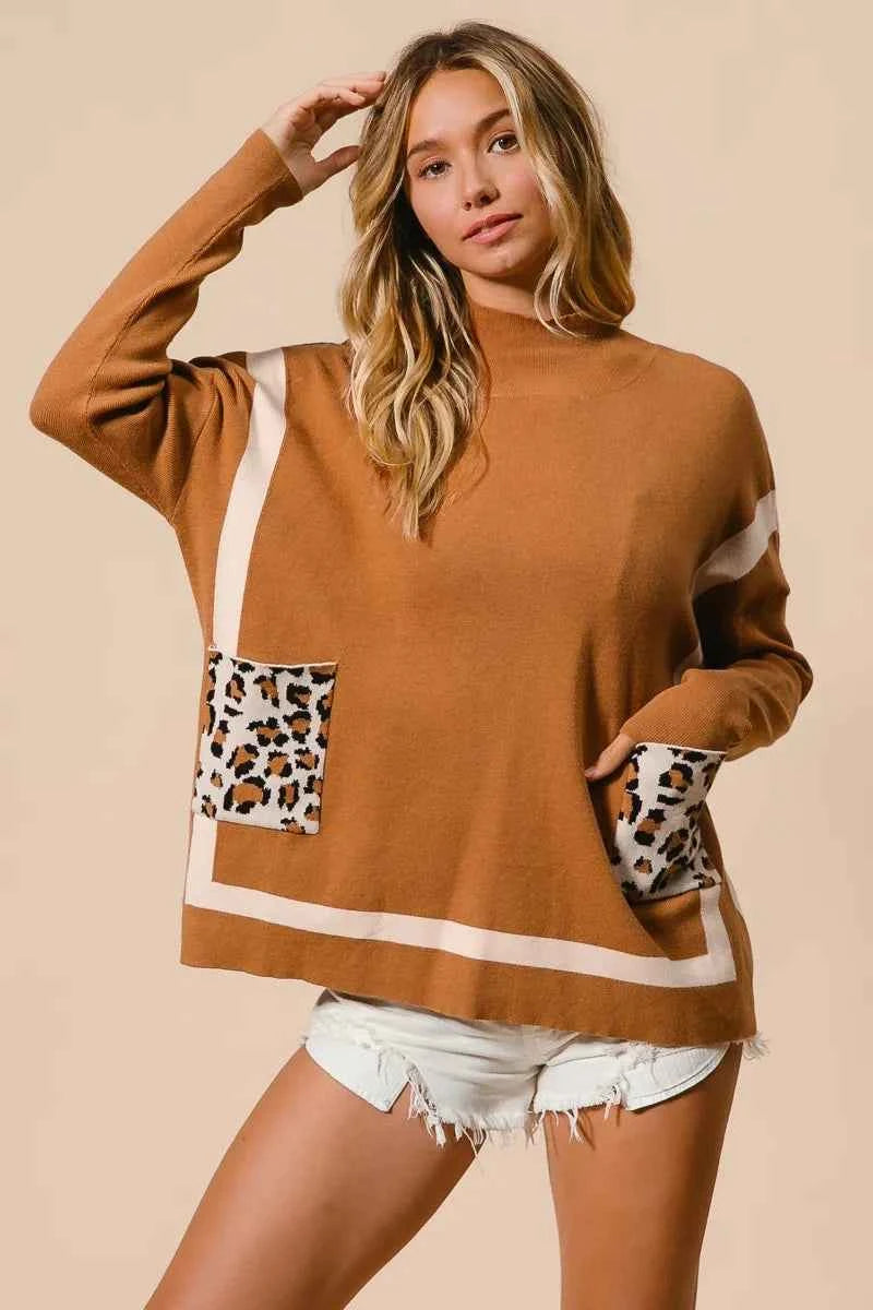BiBi Mock Neck Sweater with Leopard Pocket