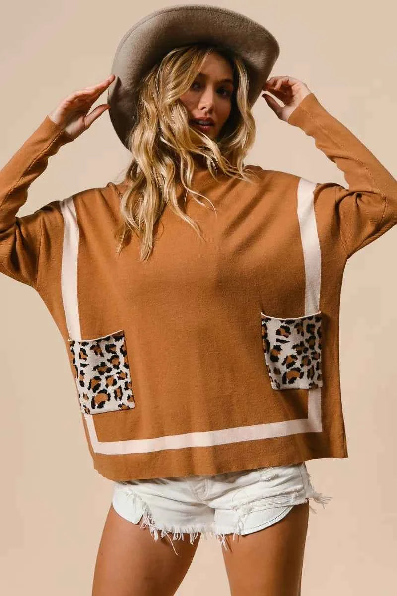 BiBi Mock Neck Sweater with Leopard Pocket