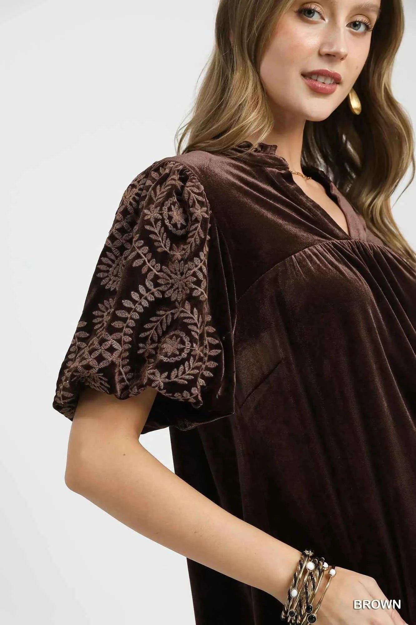 Umgee Full Size Velvet Embroidered Sleeve Blouse Plus Size