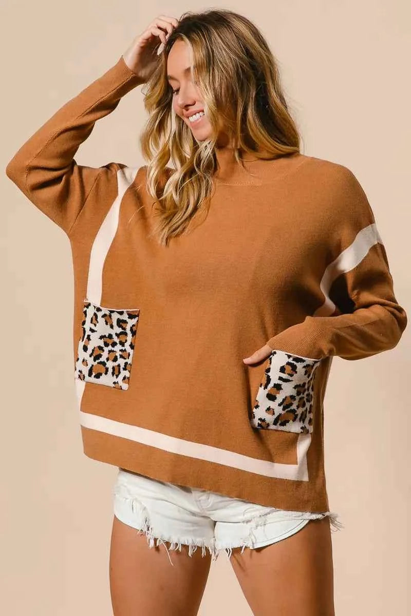BiBi Mock Neck Sweater with Leopard Pocket