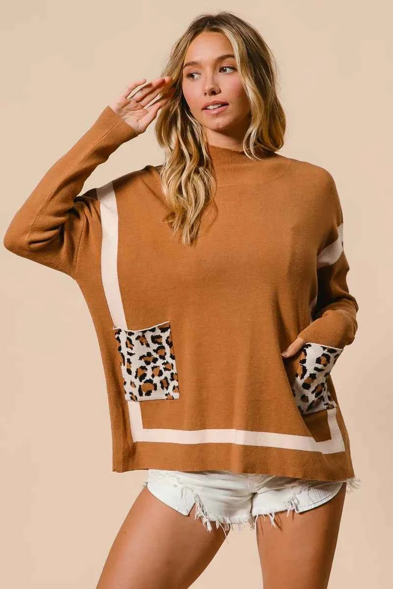 BiBi Mock Neck Sweater with Leopard Pocket
