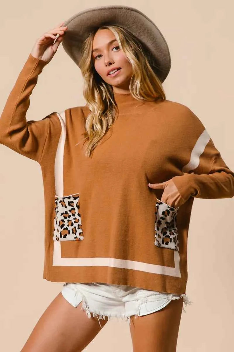 BiBi Mock Neck Sweater with Leopard Pocket