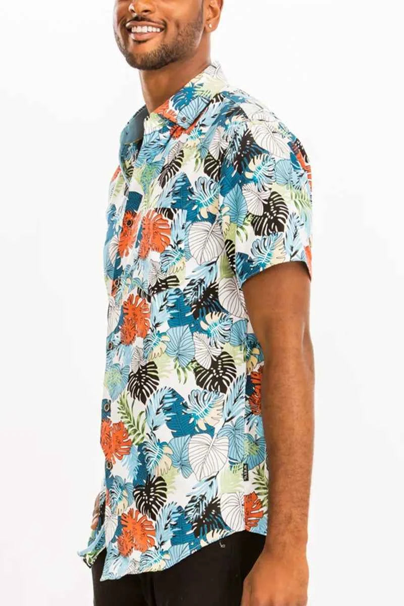 WEIV Men's Full Size Hawaiian Print Button Down Shirt Plus Size