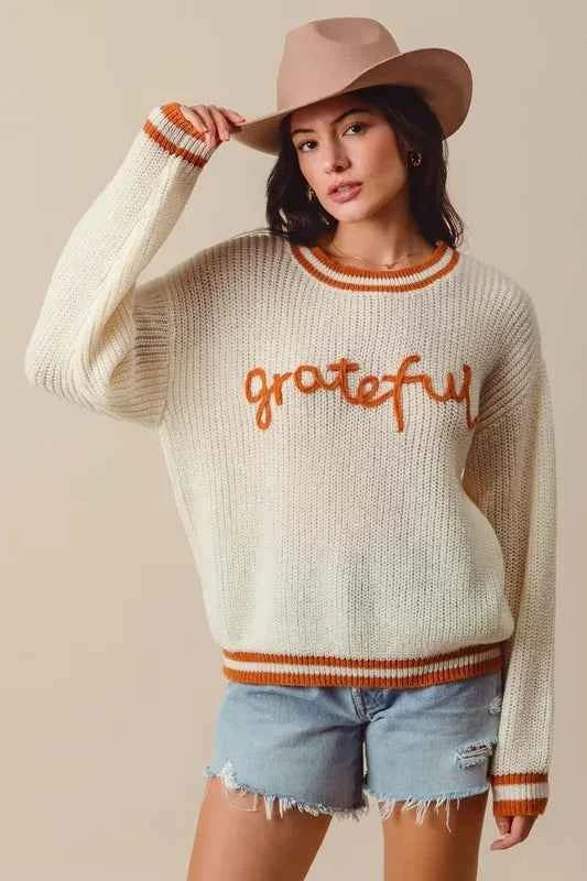 SO ME Thanksgiving Grateful Lettering Stitch Sweater