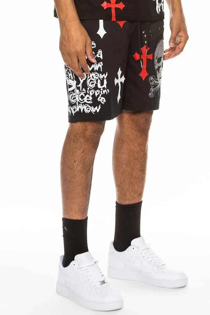 WEIV Men's Full Size Chrome Cross Skull Print Drawstring Shorts Plus Size