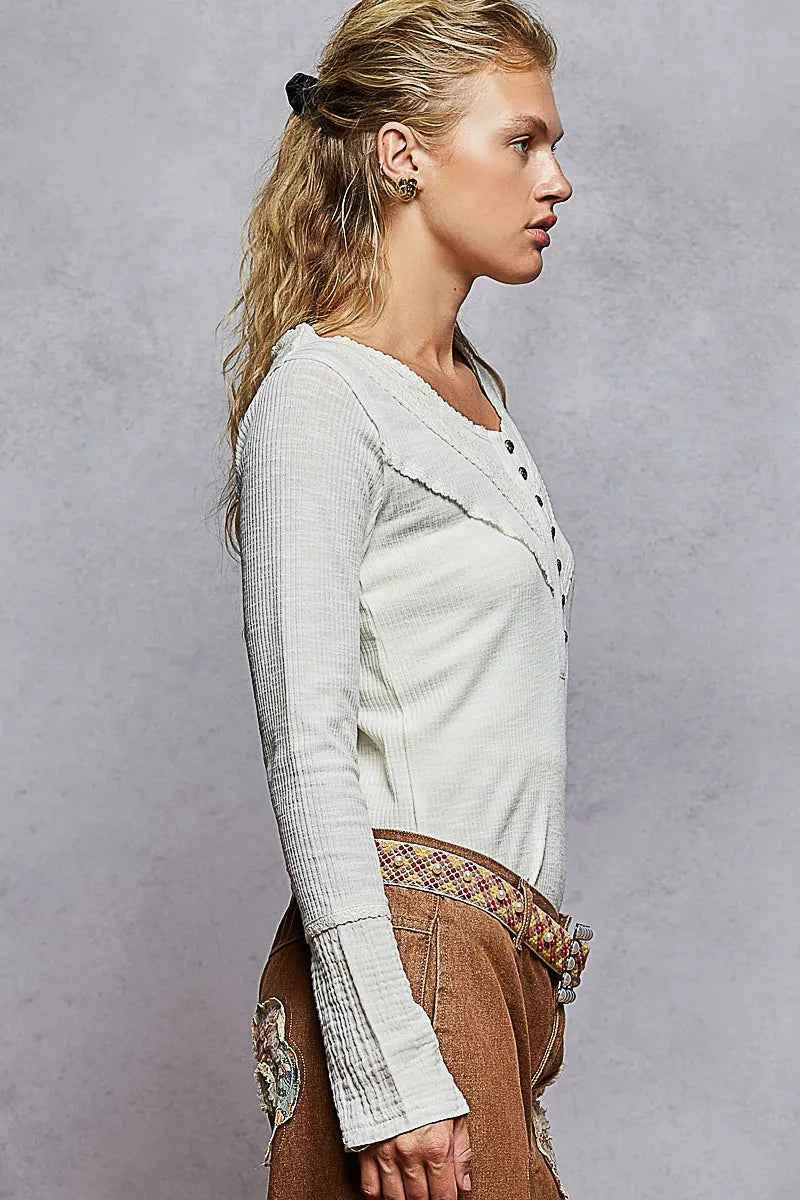 POL Ribbed Half Button Lace Detail Knit Top