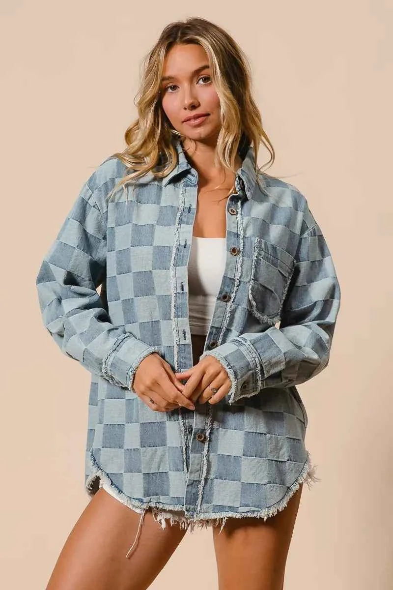 BiBi Frayed Edged Detail Washed Checker Denim Shirt