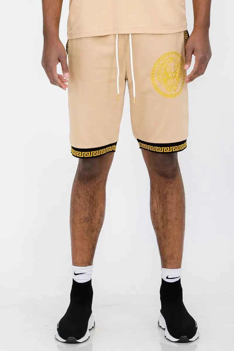 WEIV Men's Full Size Lion Head Black And Gold Detail Shorts Plus Size