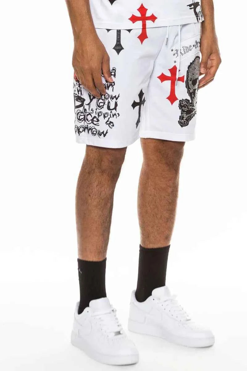WEIV Men's Full Size Chrome Cross Skull Print Drawstring Shorts Plus Size