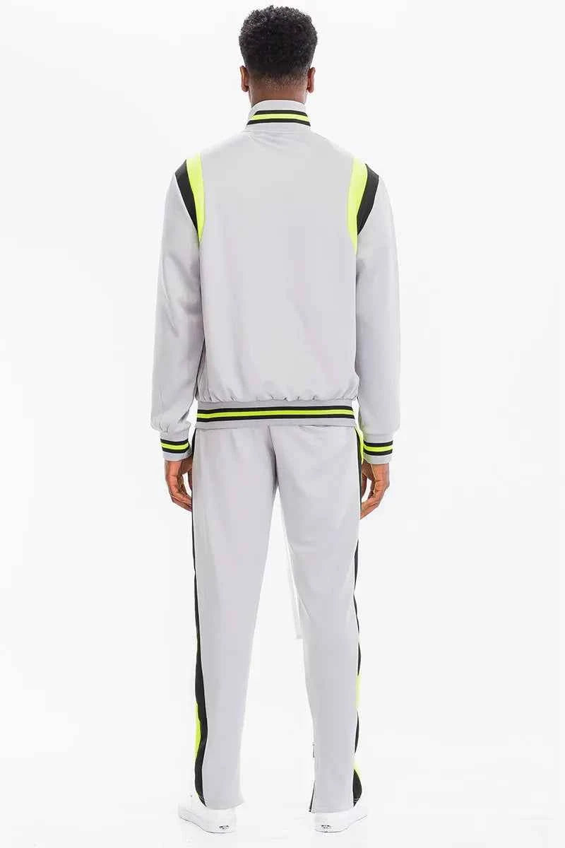 WEIV Men's Full Size Two Stripe Track Jacket and Pants Set Plus Size