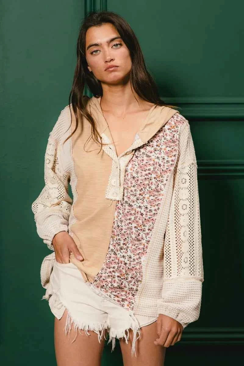 BiBi Slub Jersey with Lace Combo Buttoned Hoodie Top