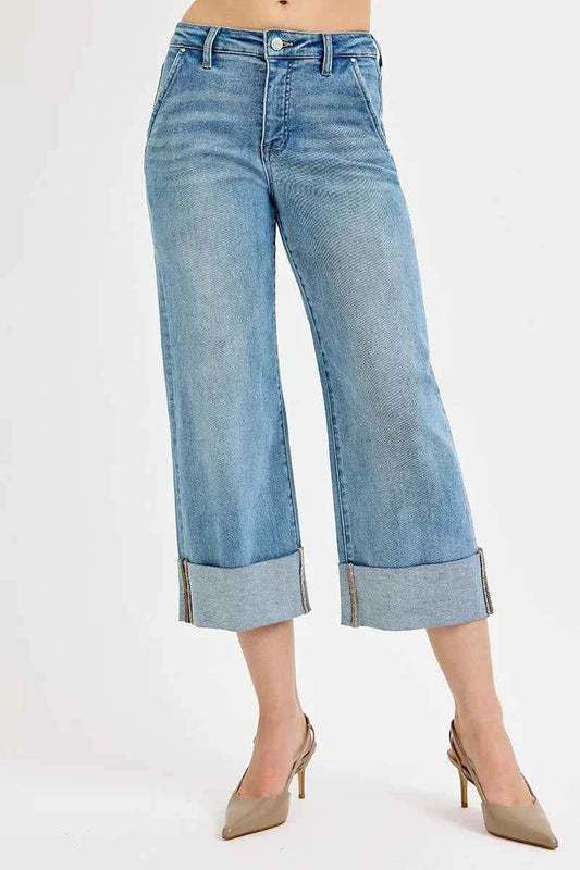 RISEN Full Size Tummy Control High Rise Ankle Wide Cuffed Jeans Plus Size