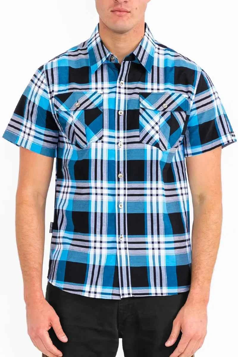WEIV Men's Full Size Plaid Short Sleeve Button-Up Shirt with Dual Chest Pockets Plus Size