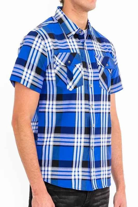 WEIV Men's Full Size Plaid Short Sleeve Button-Up Shirt with Dual Chest Pockets Plus Size