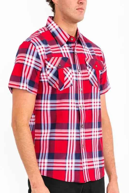 WEIV Men's Full Size Plaid Short Sleeve Button-Up Shirt with Dual Chest Pockets Plus Size