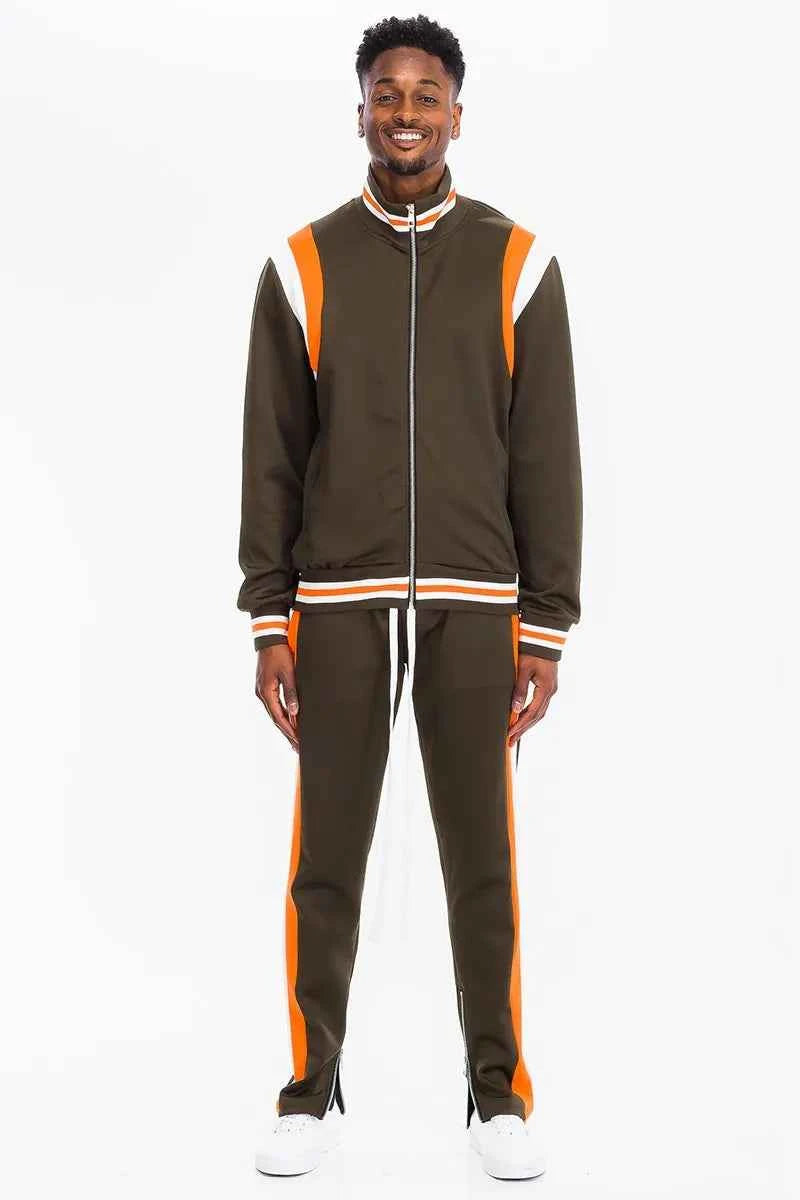 WEIV Men's Full Size Two Stripe Track Jacket and Pants Set Plus Size