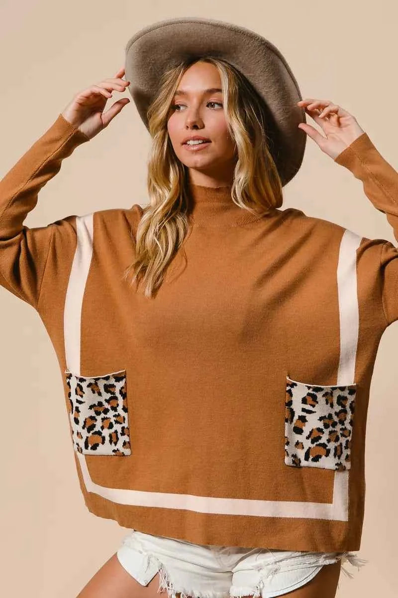 BiBi Mock Neck Sweater with Leopard Pocket