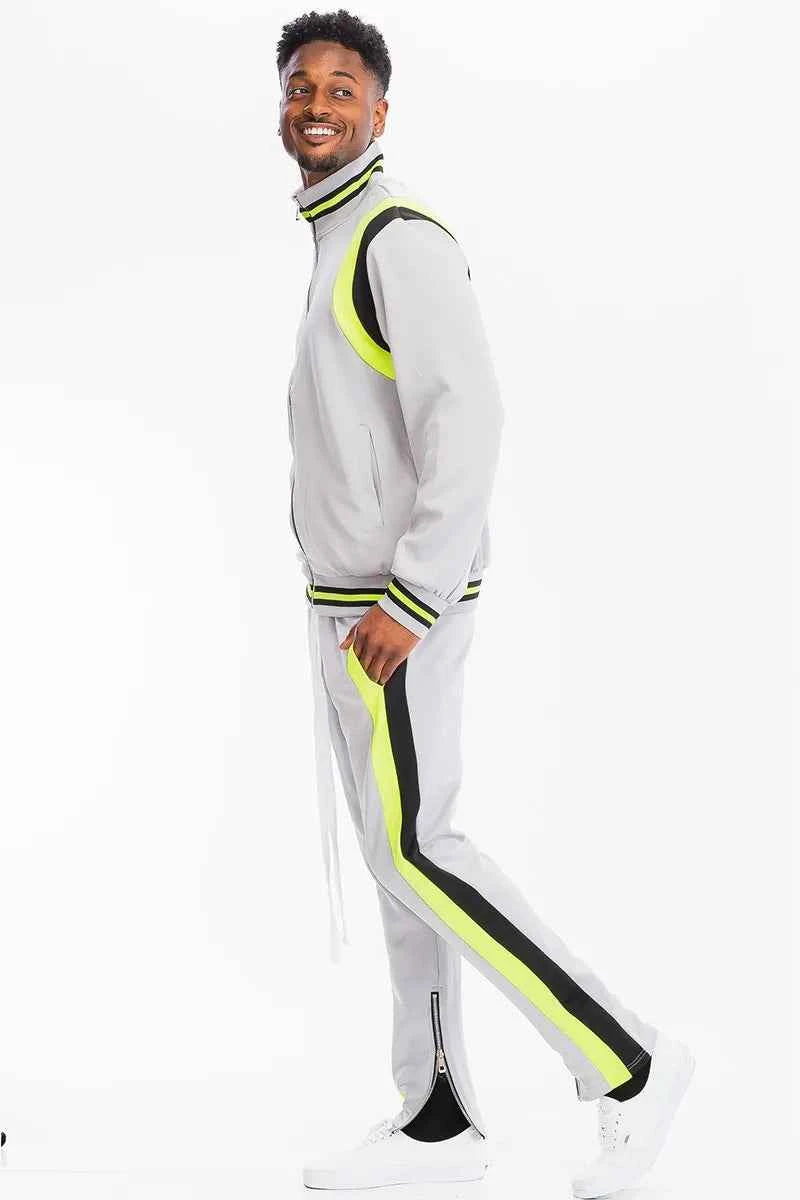 WEIV Men's Full Size Two Stripe Track Jacket and Pants Set Plus Size