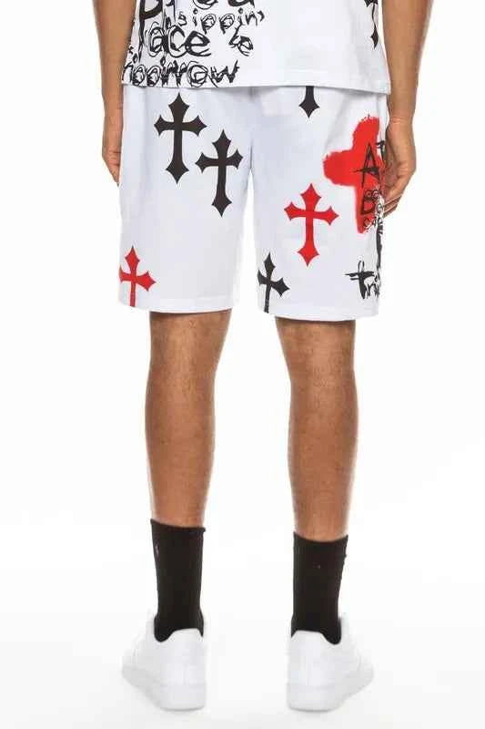WEIV Men's Full Size Chrome Cross Skull Print Drawstring Shorts Plus Size