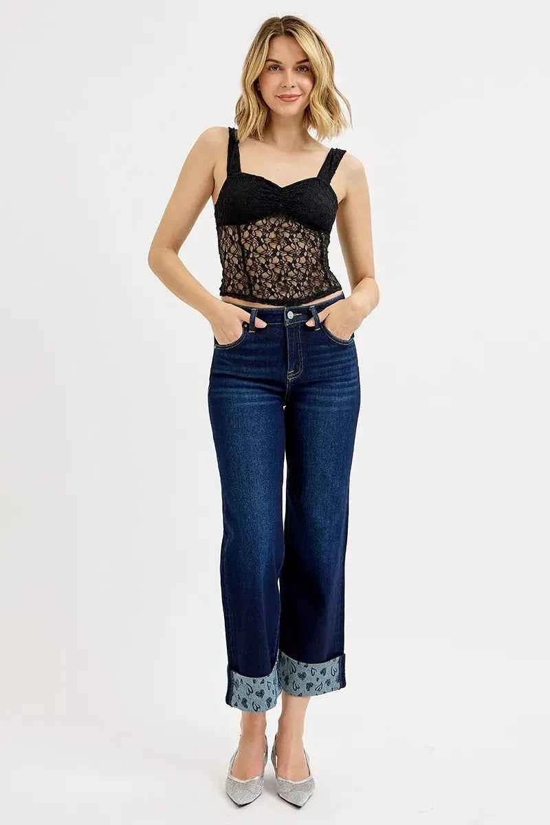 RISEN Full Size Mid Rise Fit Crop Wide With Printed Cuff Jeans Plus Size