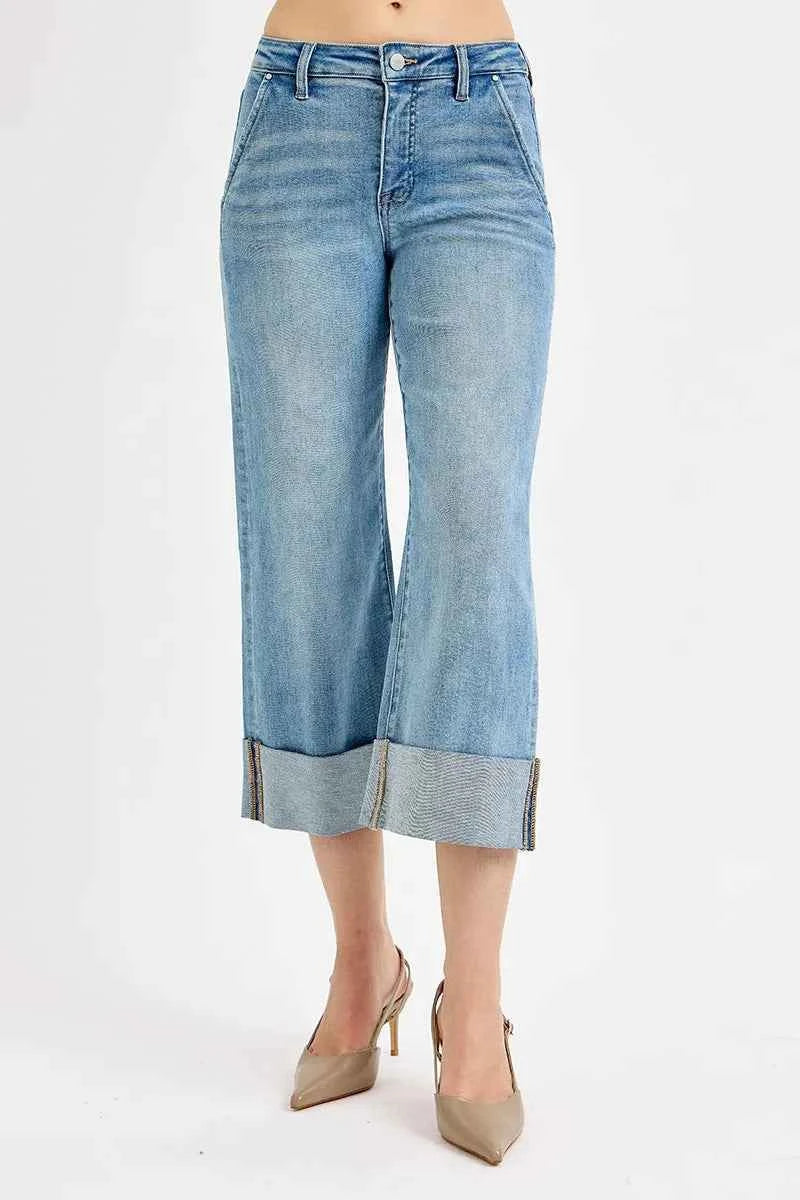 RISEN Full Size Tummy Control High Rise Ankle Wide Cuffed Jeans Plus Size