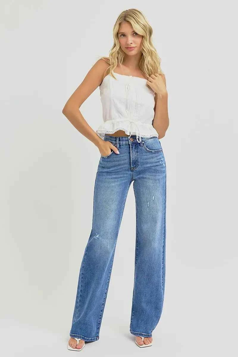 RISEN Full Size Tummy Control Elastic Band High Rise Wide Jeans Plus Size