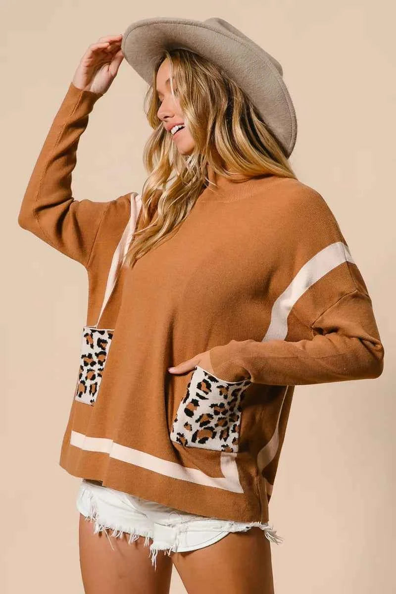 BiBi Mock Neck Sweater with Leopard Pocket