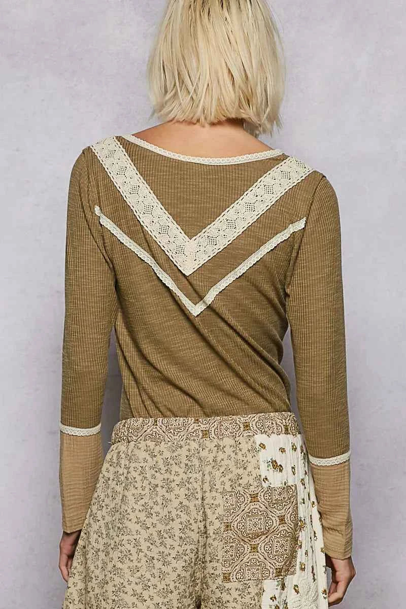 POL Ribbed Half Button Lace Detail Knit Top