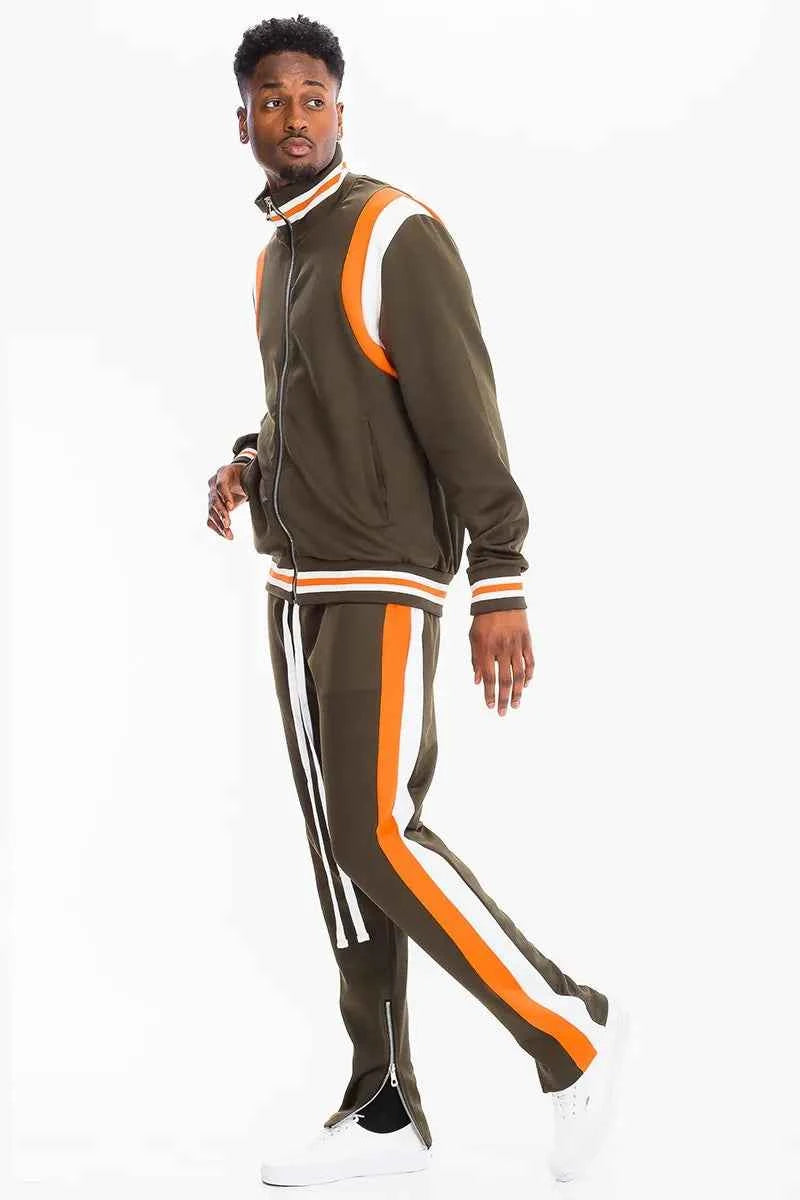 WEIV Men's Full Size Two Stripe Track Jacket and Pants Set Plus Size