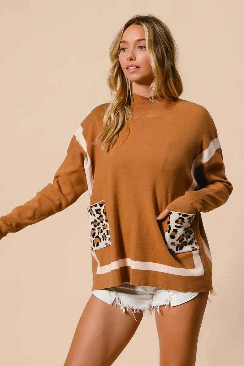 BiBi Mock Neck Sweater with Leopard Pocket