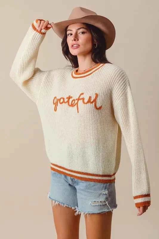 SO ME Thanksgiving Grateful Lettering Stitch Sweater