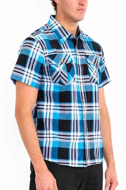 WEIV Men's Full Size Plaid Short Sleeve Button-Up Shirt with Dual Chest Pockets Plus Size