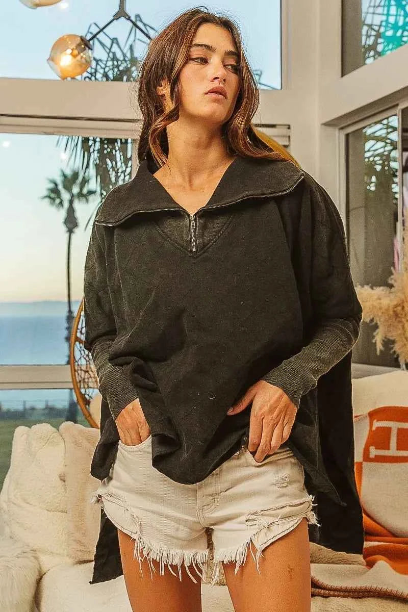 BiBi Vintage Washed Quilted Half Zip Top