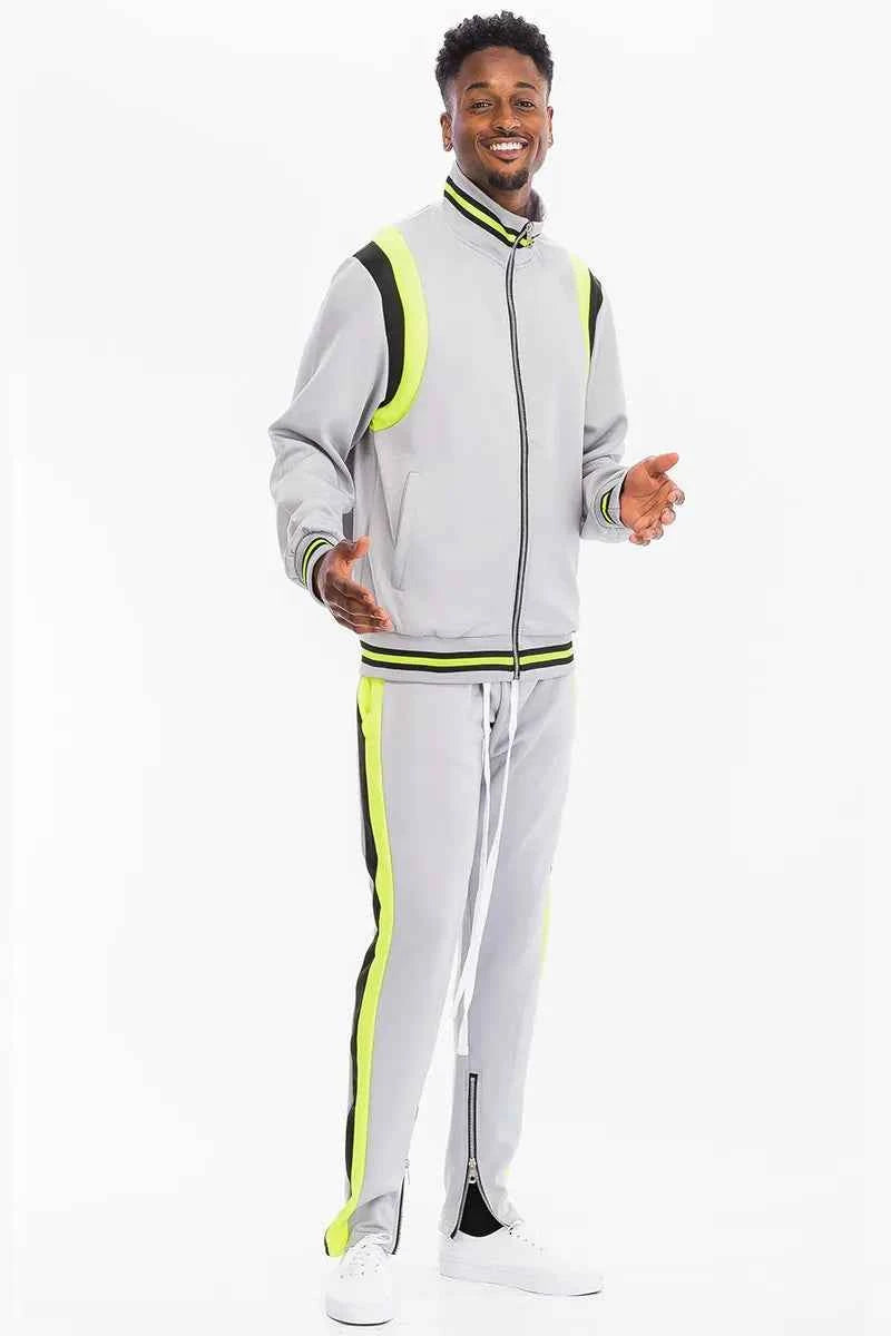 WEIV Men's Full Size Two Stripe Track Jacket and Pants Set Plus Size