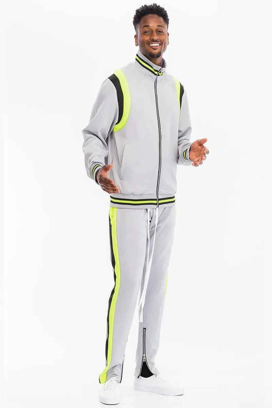 WEIV Men's Full Size Two Stripe Track Jacket and Pants Set Plus Size