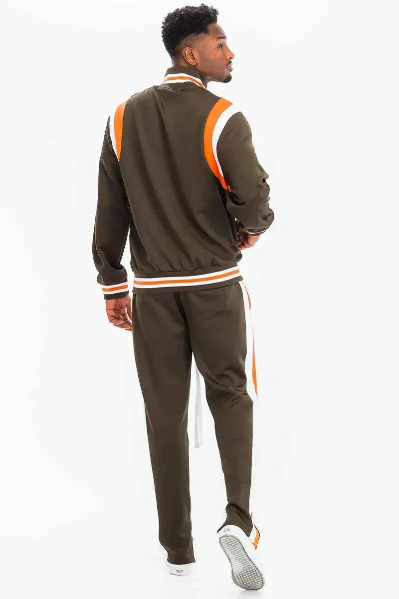 WEIV Men's Full Size Two Stripe Track Jacket and Pants Set Plus Size