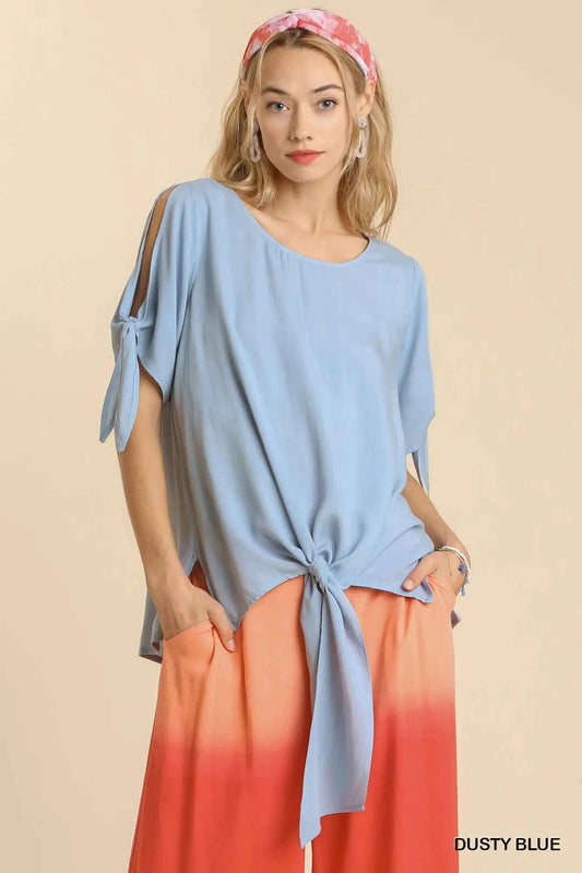 Umgee Cold Shoulder Short Sleeve Round Neck Top with Side Slits and Tie-able Knot Details