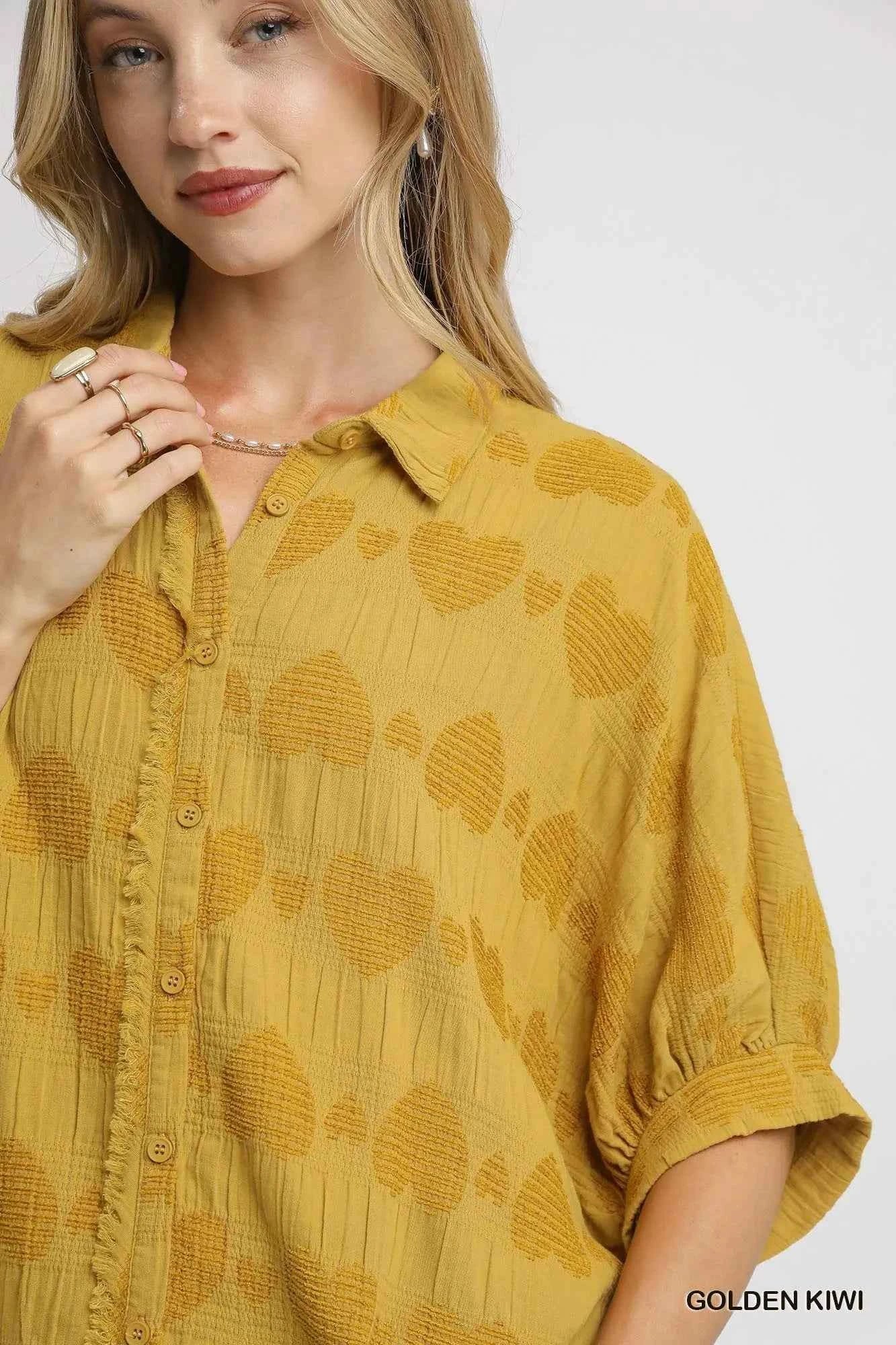 Umgee Jacquard Heart Collared Shirt
