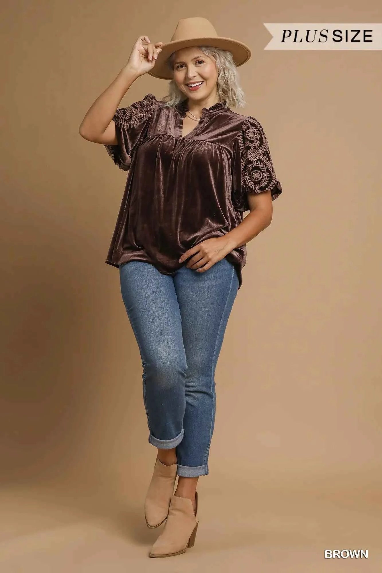 Umgee Full Size Velvet Embroidered Sleeve Blouse Plus Size