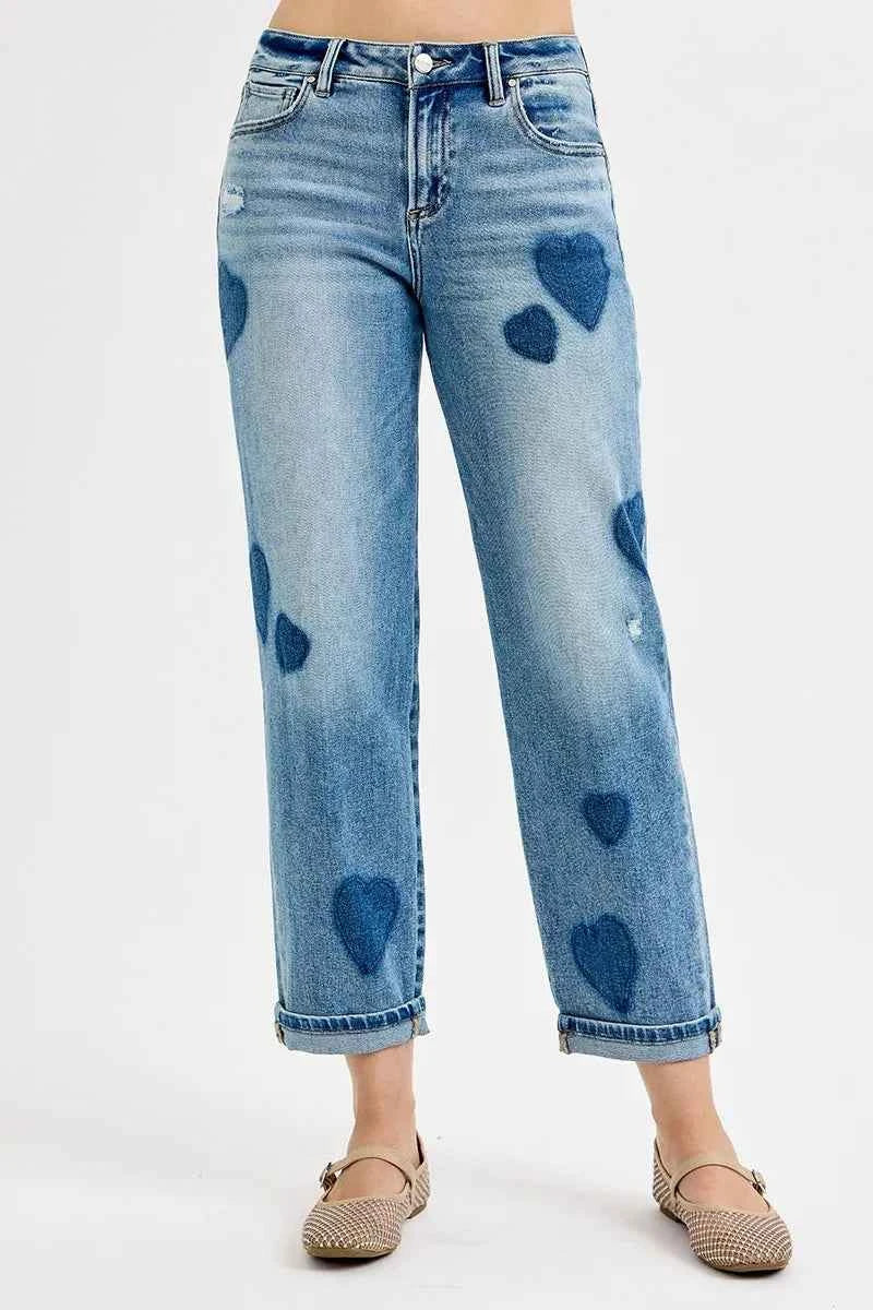 RISEN Full Size Mid Rise Fit-boyfriend Heart Shade Jeans Plus Size