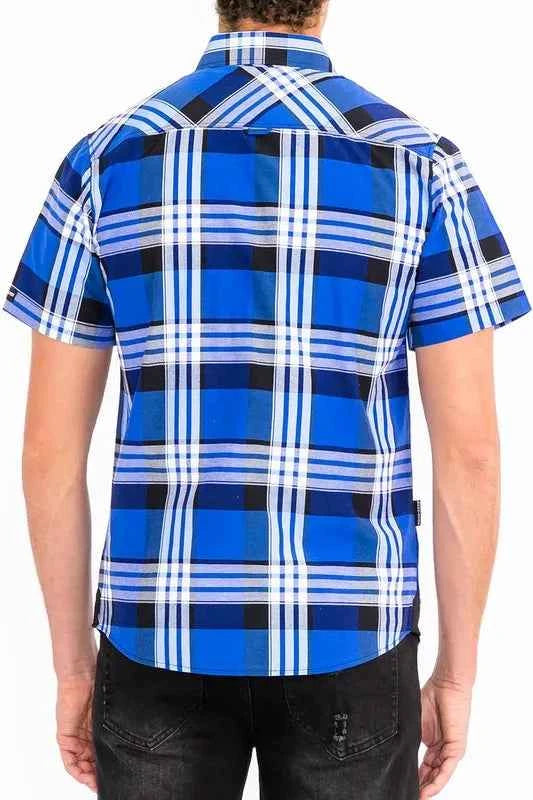 WEIV Men's Full Size Plaid Short Sleeve Button-Up Shirt with Dual Chest Pockets Plus Size
