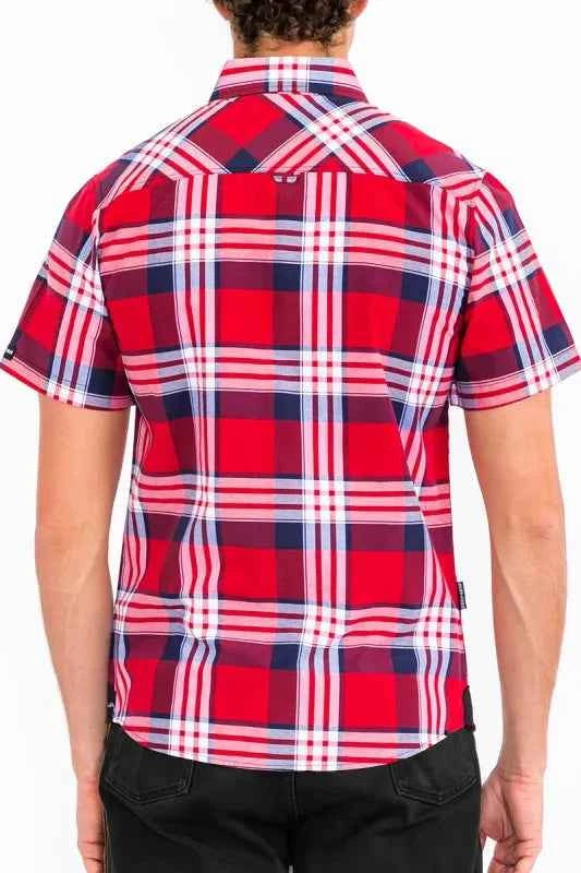 WEIV Men's Full Size Plaid Short Sleeve Button-Up Shirt with Dual Chest Pockets Plus Size