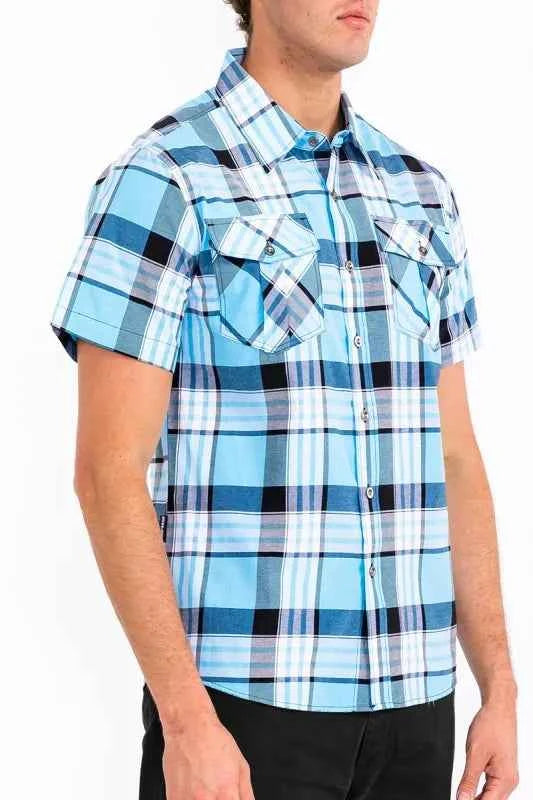 WEIV Men's Full Size Plaid Short Sleeve Button-Up Shirt with Dual Chest Pockets Plus Size
