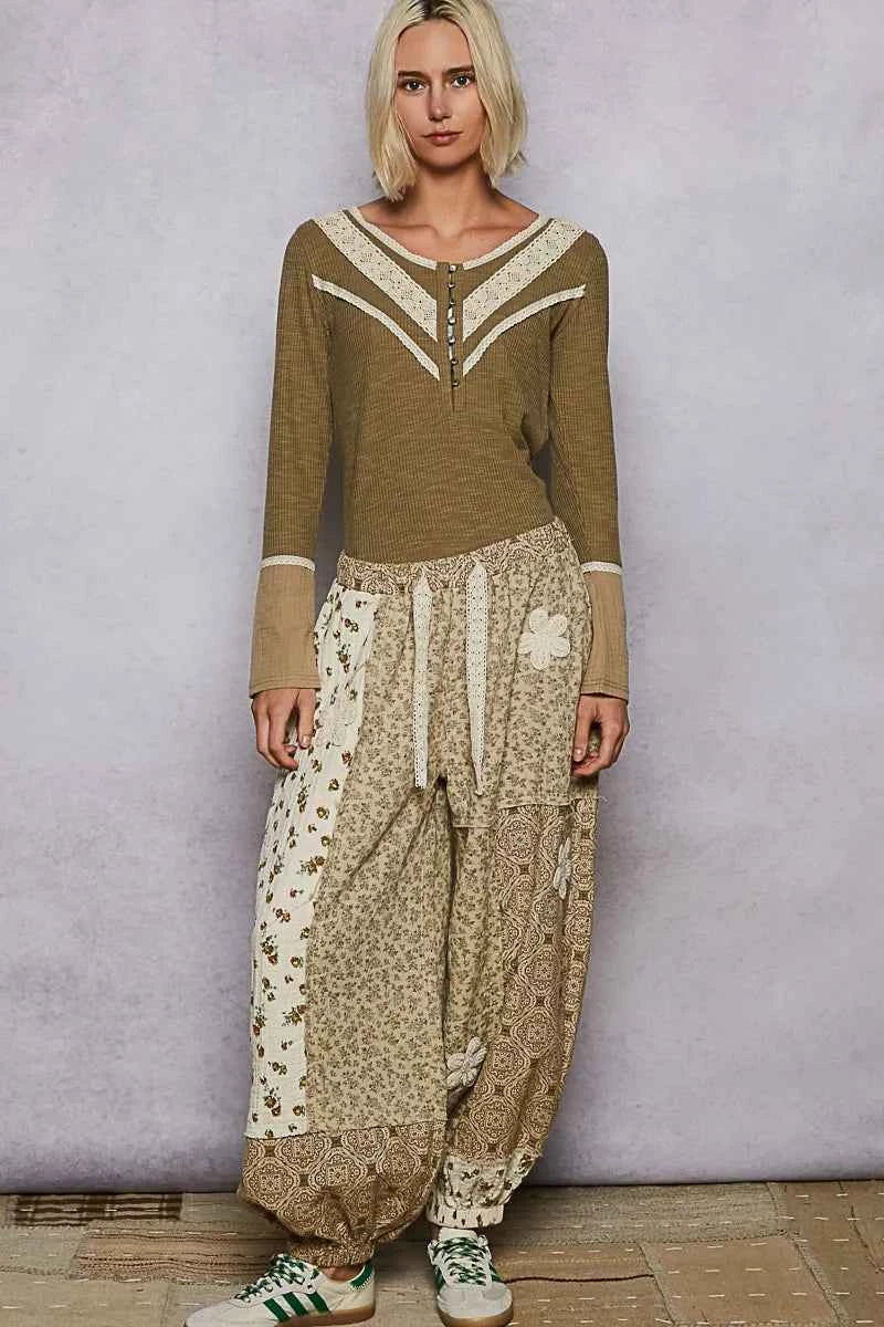 POL Ribbed Half Button Lace Detail Knit Top