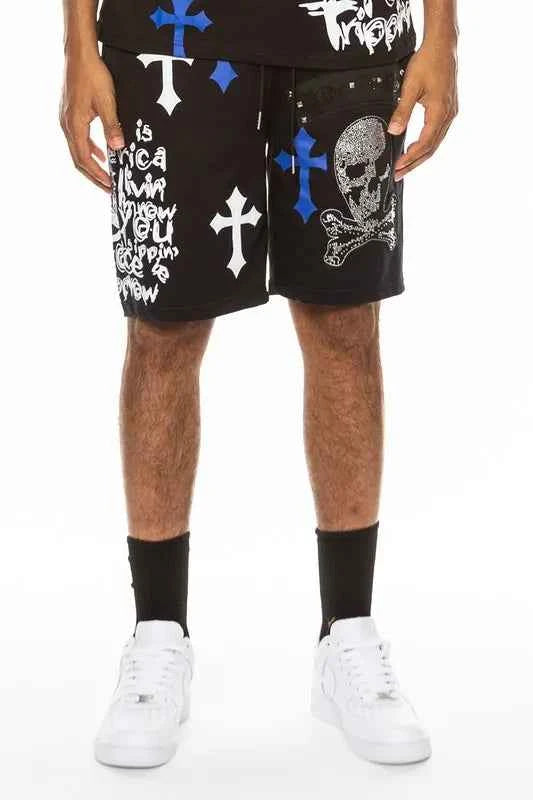 WEIV Men's Full Size Chrome Cross Skull Print Drawstring Shorts Plus Size