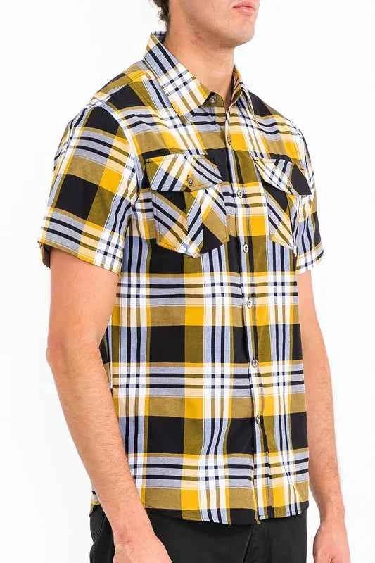 WEIV Men's Full Size Plaid Short Sleeve Button-Up Shirt with Dual Chest Pockets Plus Size