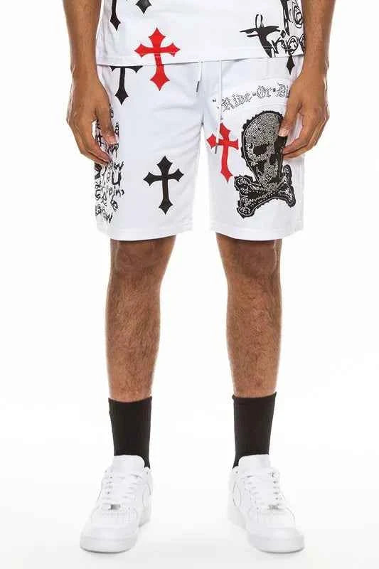 WEIV Men's Full Size Chrome Cross Skull Print Drawstring Shorts Plus Size