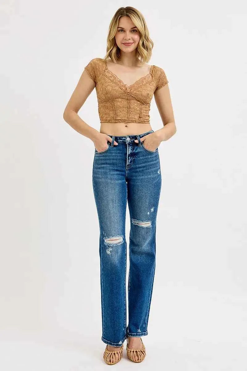 RISEN Full Size Tummy Control High Rise Straight Distressed Jeans Plus Size