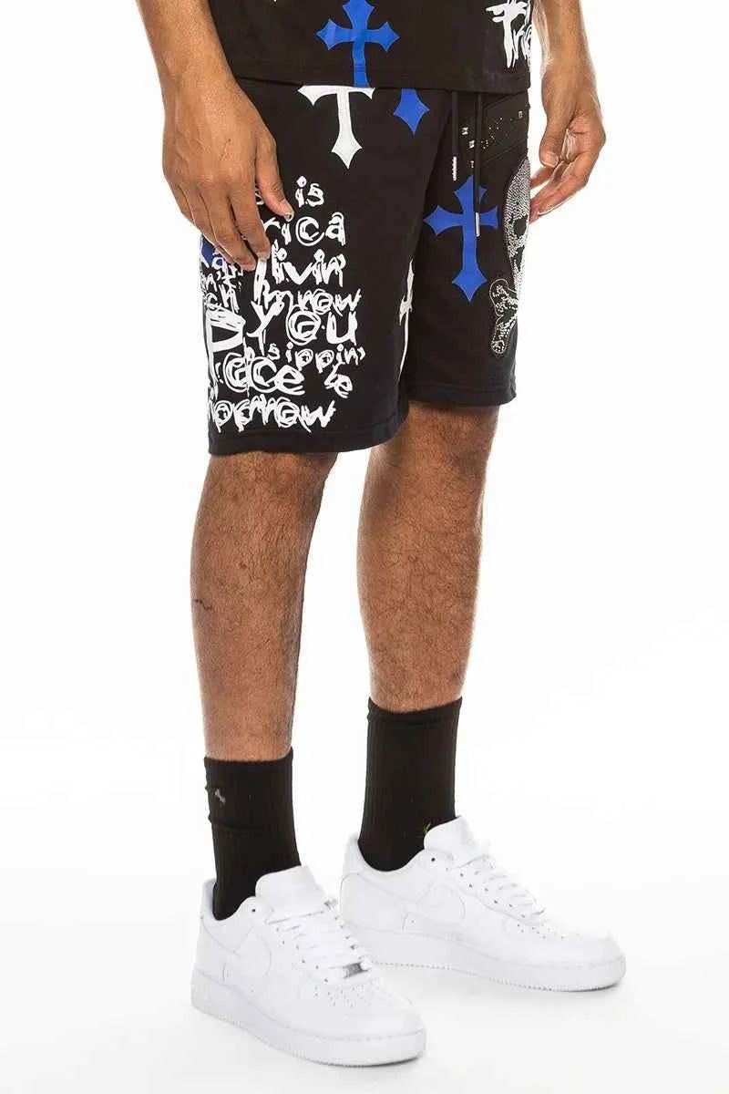 WEIV Men's Full Size Chrome Cross Skull Print Drawstring Shorts Plus Size