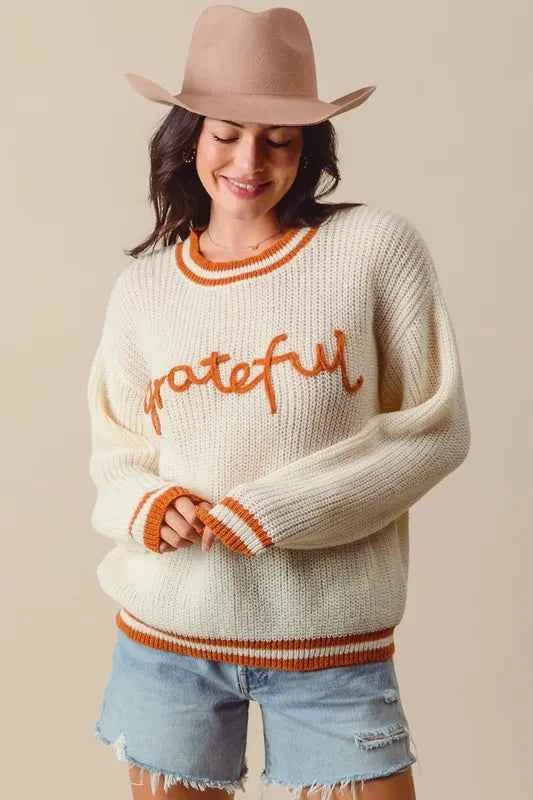 SO ME Thanksgiving Grateful Lettering Stitch Sweater